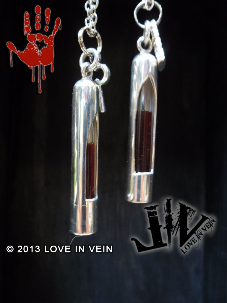 Set of 2 Sterling Silver Blood Vials With Anticoagulant, Blood Bond Charms Kit, Weddings Necklaces Blood Vials For Long Distance, Spooky